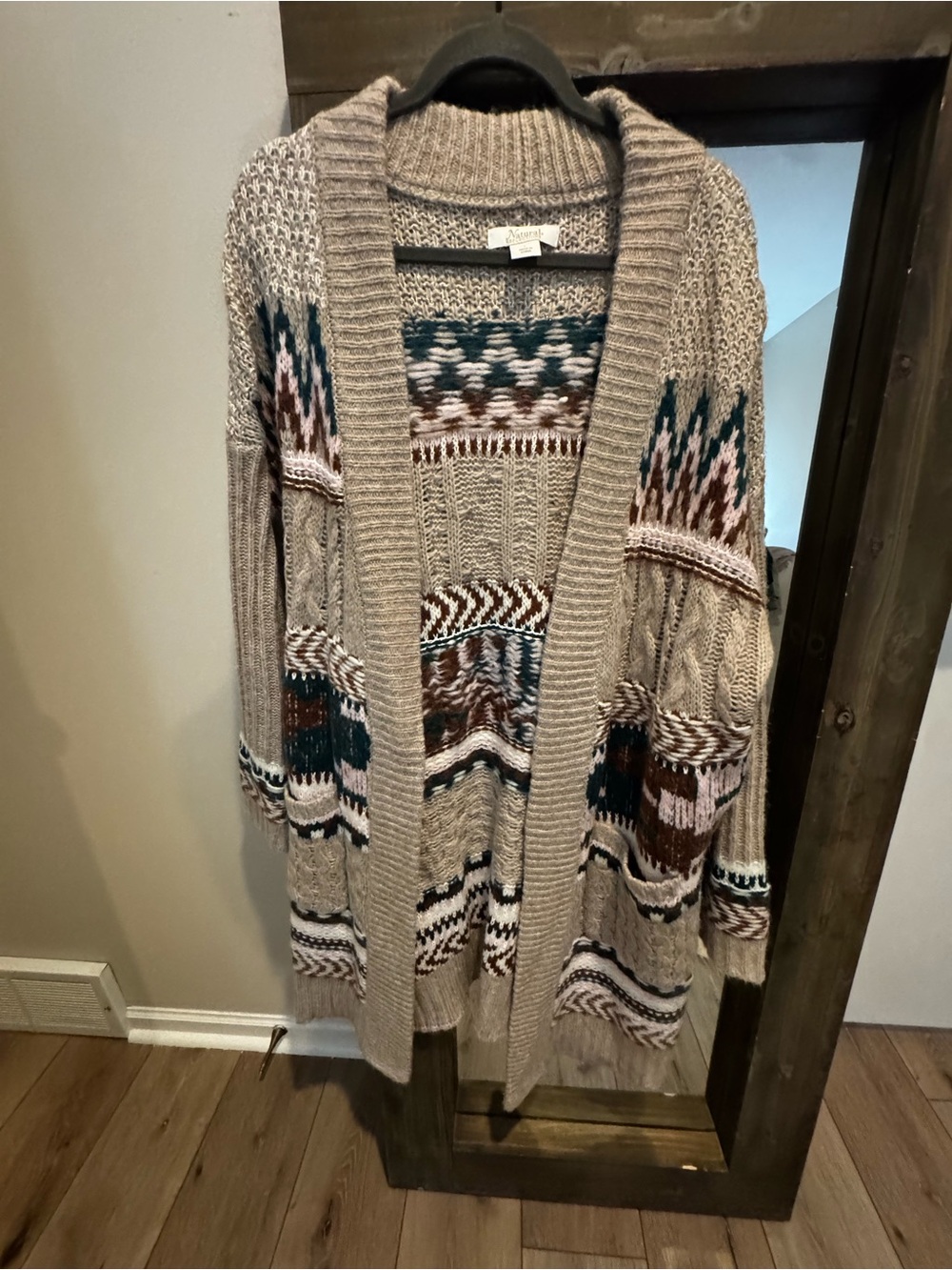Natural Reflections Beige Open-Front Cardigan with Teal & Brown Accents